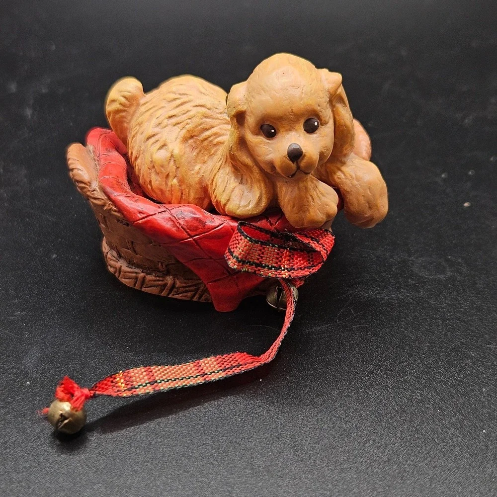 Vintage Puppy Dog in Basket Christmas Ornament Resin Red Plaid Bow Bells